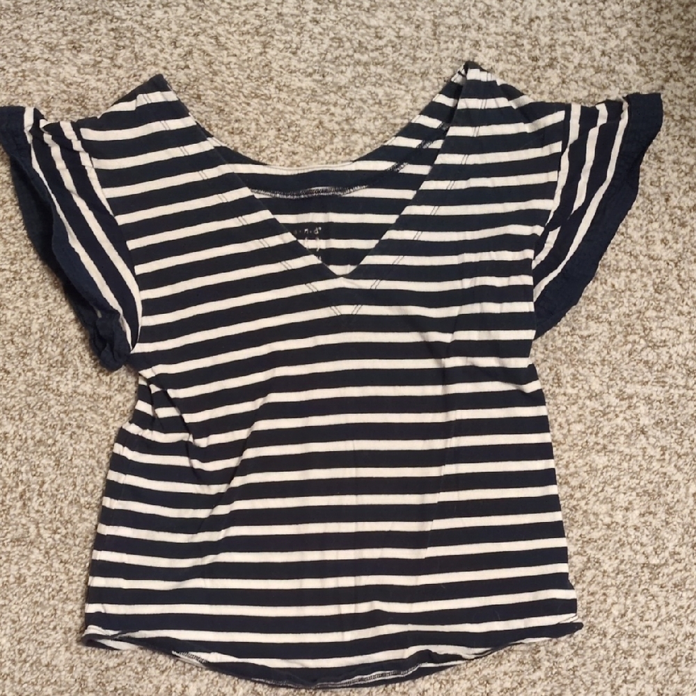 Navy and White Striped Women's Top A New Day Small Striped Ruffle Sleeve